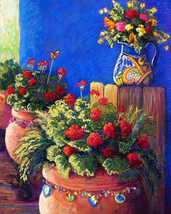 Garden Poster featuring the pastel Geraniums and Talavera by Candy Mayer