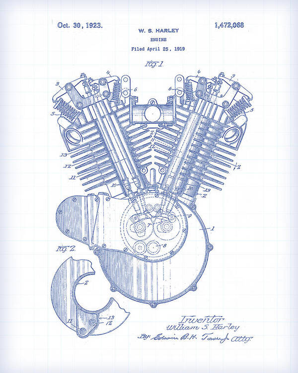 Antique Poster featuring the painting Harley Engine Patent Drawing by Gary Grayson