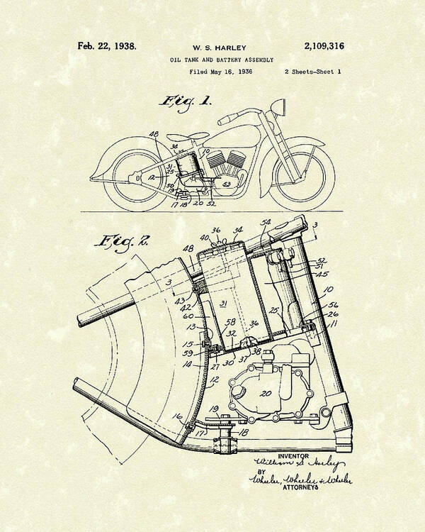 Harley Poster featuring the drawing Harley Motorcycle 1938 Patent Art by Prior Art Design