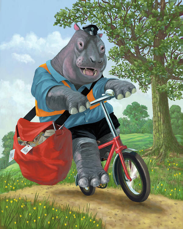 Hippo Poster featuring the painting Hippo Post Man On Cycle by Martin Davey