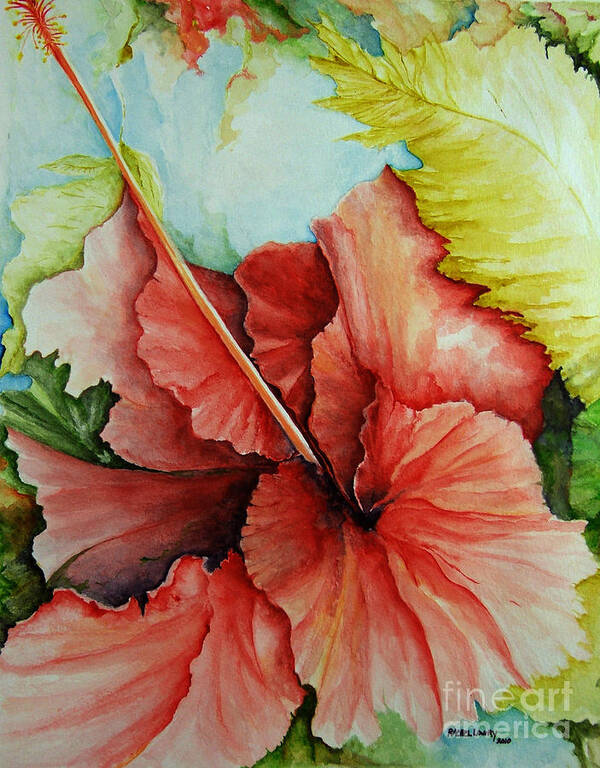 Red Poster featuring the painting Hiroko's Hibiscus 2 by Rachel Lowry