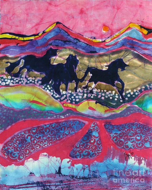  Batik Poster featuring the tapestry - textile Horses Running Thru a Stream by Carol Law Conklin