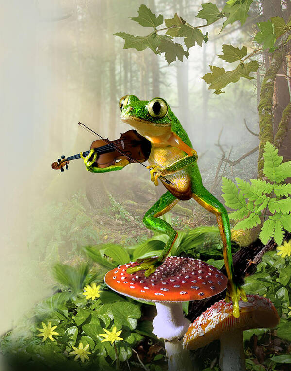 Tree Frog Playing Fiddle Poster featuring the painting Humorous Tree Frog Playing a Fiddle by Regina Femrite