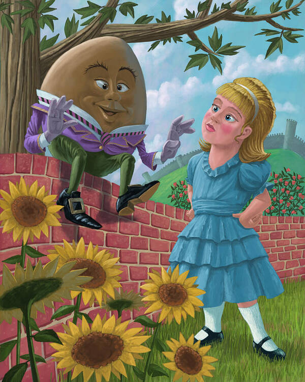 Humpty Poster featuring the painting Humpty Dumpty On Wall With Alice by Martin Davey