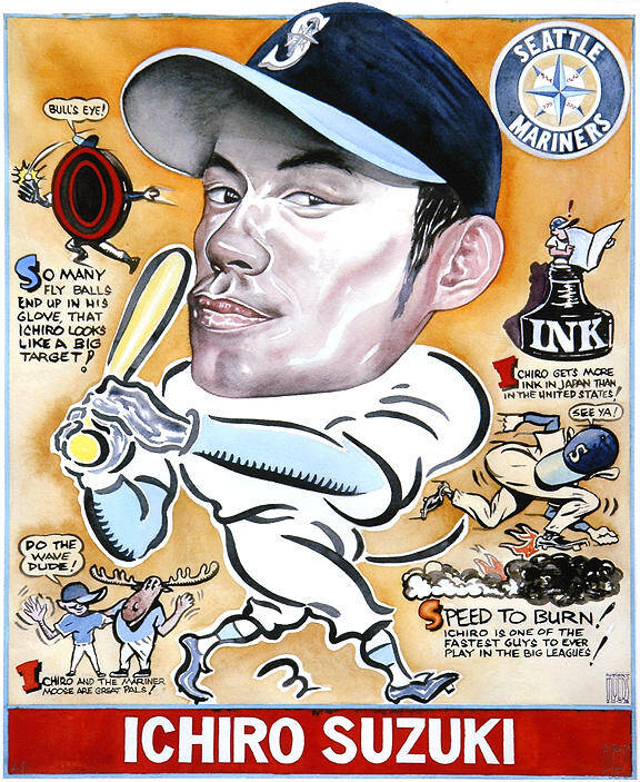 Baseball Poster featuring the painting Ichiro. by Robert Myers