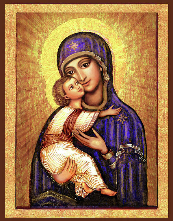 Mary And Jesus Poster featuring the mixed media Icon Madonna and Infant Jesus by Ananda Vdovic