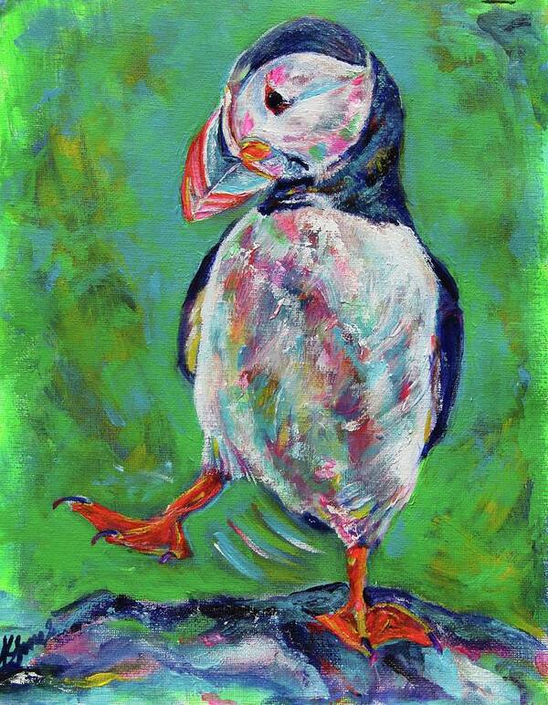 Puffin Poster featuring the painting I'm so excited Puffin by Karin McCombe Jones