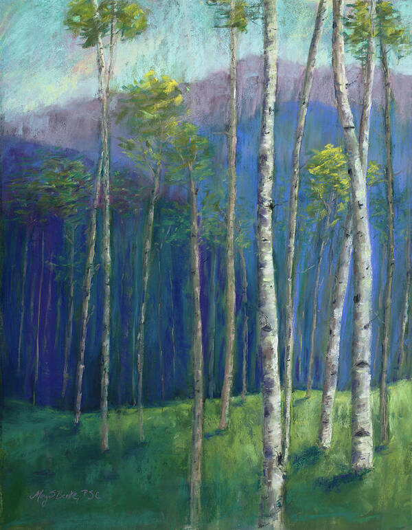 Aspens Poster featuring the painting Into the Woods by Mary Benke