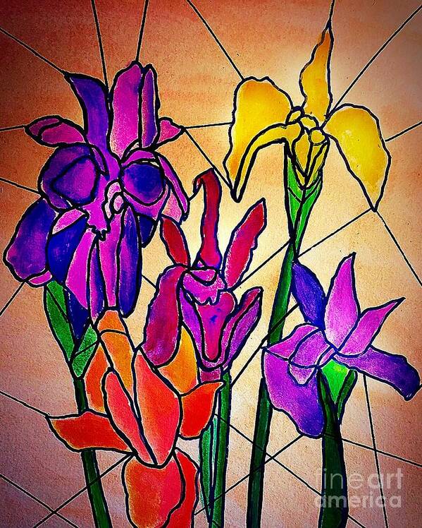 Floral Flower Multicolor Stained Glass Irises Poster featuring the painting Irises Stained Glass Effect by Anne Sands