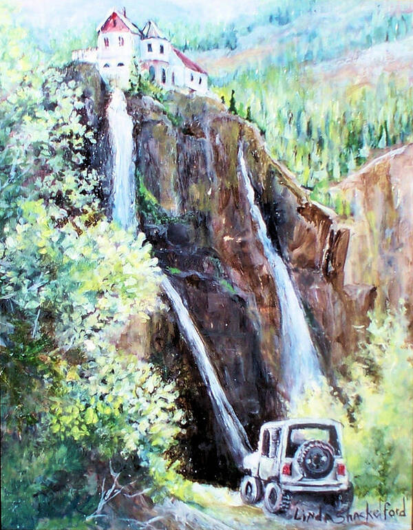 Waterfall Poster featuring the painting Jeeping at Bridal Falls by Linda Shackelford