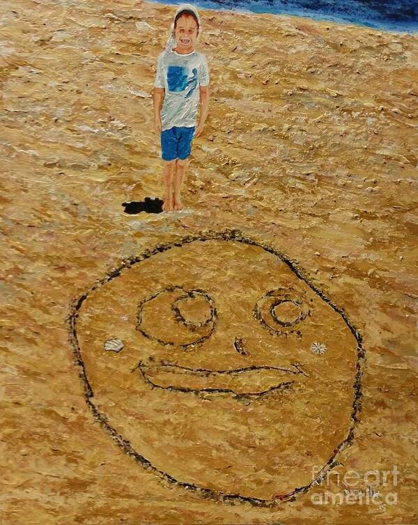Child Poster featuring the painting Jorden draw self portrait in the sand by Eli Gross