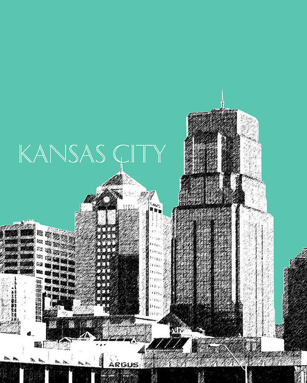 Architecture Poster featuring the digital art Kansas City Skyline 1 - Teal by DB Artist