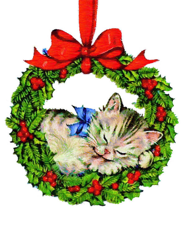 Rafael Salazar Poster featuring the digital art Kitten in a Christmas Wreath by Rafael Salazar