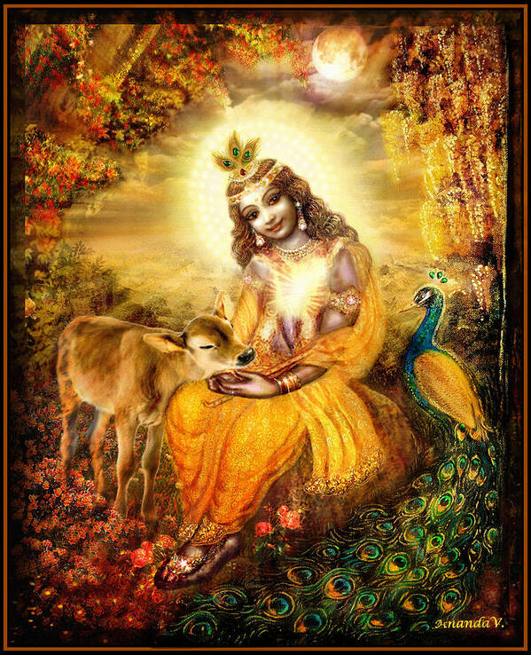 Krishna Poster featuring the painting Krishna with the Calf by Ananda Vdovic