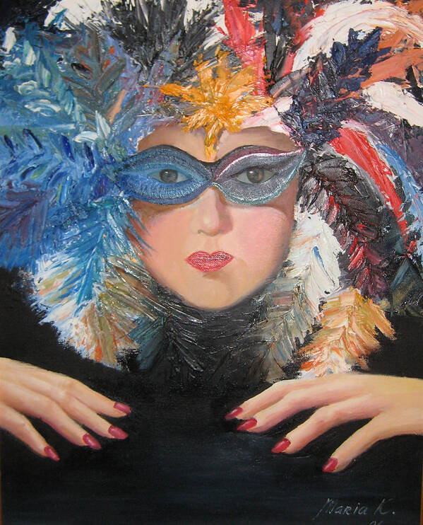 A Face With A Venetian Mask With Feathers And Hands On The Sides Poster featuring the painting Lady At A Carvinal by Maria Kobalyan