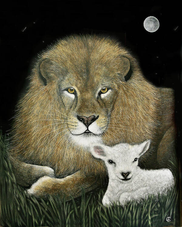 Lion Poster featuring the painting Lion and the Lamb by Angie Cockle