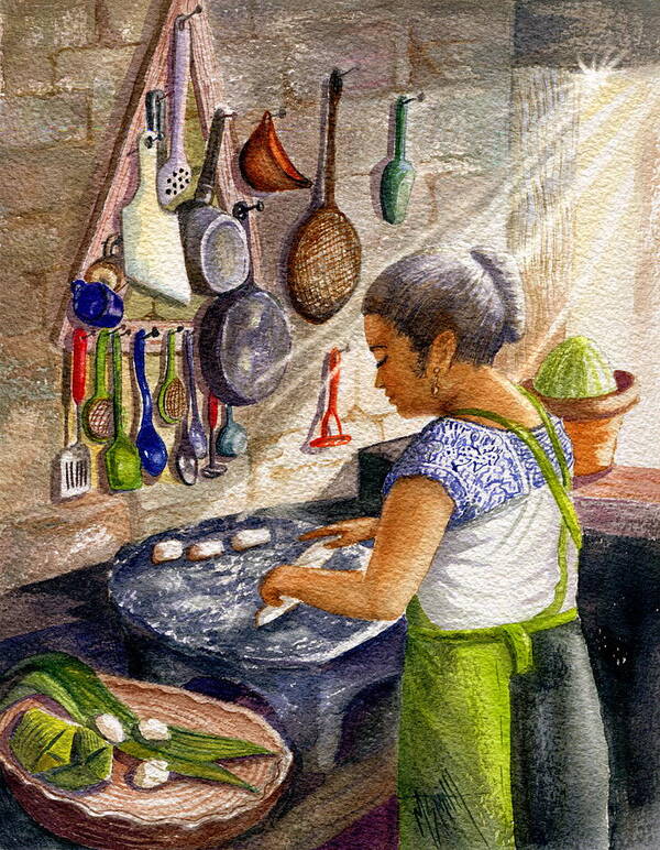 Mexican Culture Poster featuring the painting Mika, The Tamale Maker by Marilyn Smith