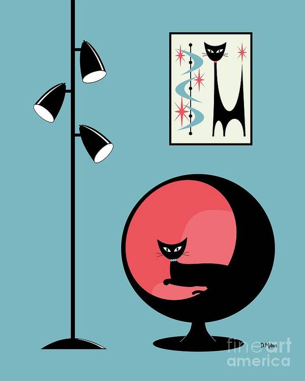 Mid Century Modern Poster featuring the digital art Mini Atomic Cat on Turquoise by Donna Mibus