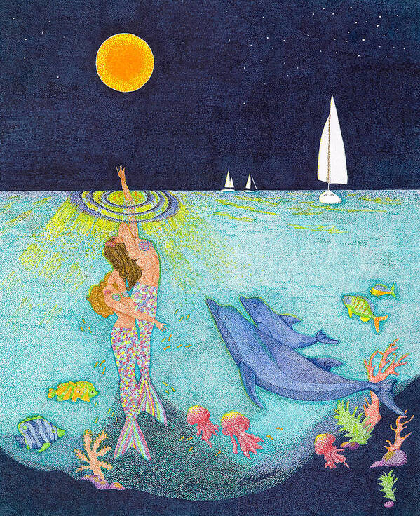 Mermaids Poster featuring the drawing Moonlight Crossing by Judy Cheryl Newcomb