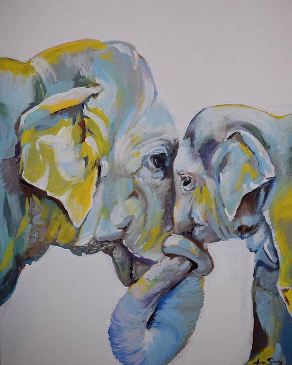 Elephant Jungle Africa Animal Trunk Colorful Circus India Painting Paintings Abstracts Elephants Entertainment Fair Emotions Mother Nursery Art Abstract Ears Blue Purple Green Yellow Home Decor Wildlife Nature Love Eyes Trunks White Background Print Wrinkles Poster featuring the painting Motherly Elephant by Anne Seay