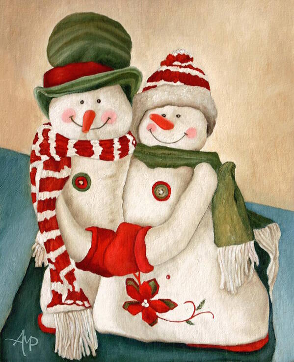 Snowman Poster featuring the painting Mr. And Mrs. Snowman Vintage by Angeles M Pomata