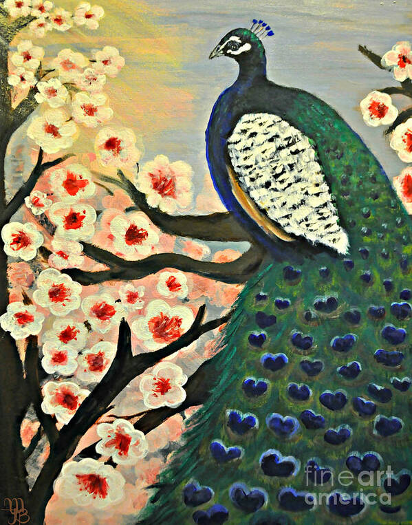 Peacock Poster featuring the painting Mr. Peacock Cherry Blossom by Mindy Bench