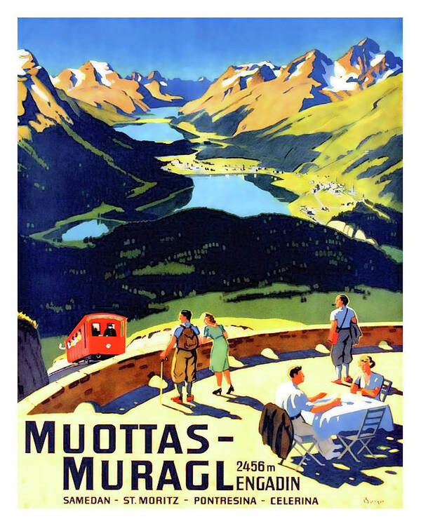 Muottas Muragl Poster featuring the painting Muottas - Muragl, Switzerland, travel poster by Long Shot