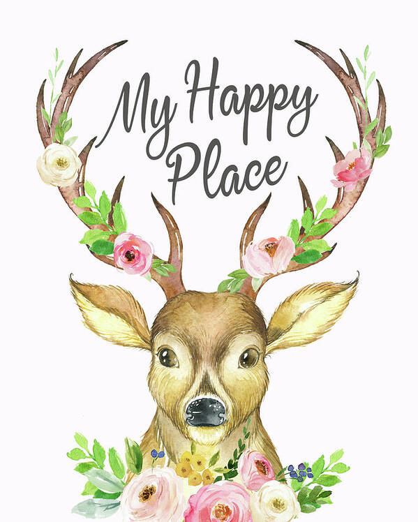 Happy Place Poster featuring the digital art My Happy Place Woodland Boho Deer by Lisa Spence