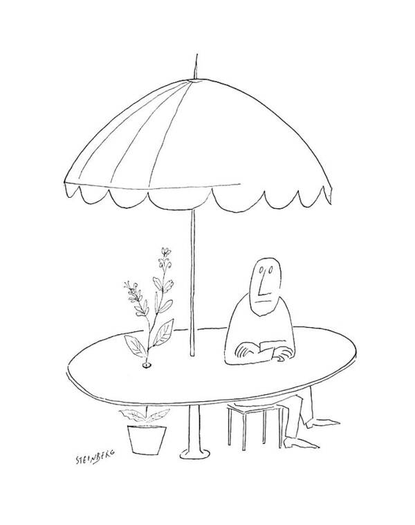97348 Sst Saul Steinberg (man Sitting At Table Appears To Be Coming Right Through The Table. A Plant Grows Through A Hole In The Table.) Abstract Absurd Appears Cafe Coming Conceptual Dining Fantastic Fantasy Grows Hole Illusion Irony Life Man Modern Optical Patio Plant Right Sitting Surreal Table Through Wait Waiting Poster featuring the drawing New Yorker July 18th, 1953 by Saul Steinberg