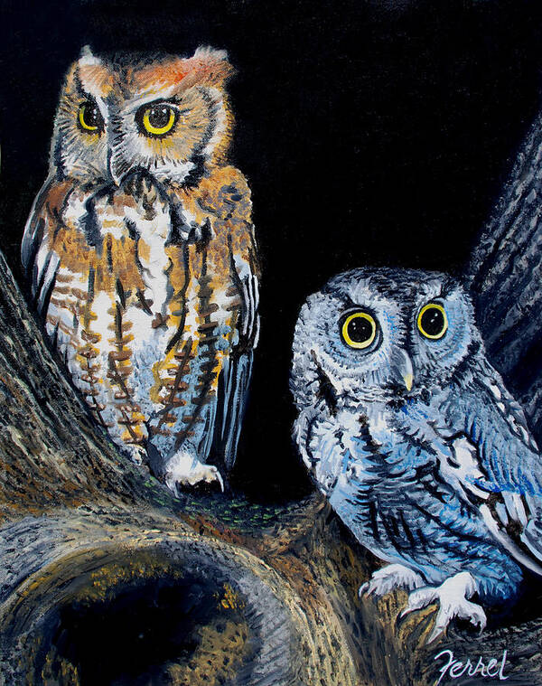 Owls Poster featuring the painting Night Owls by Ferrel Cordle
