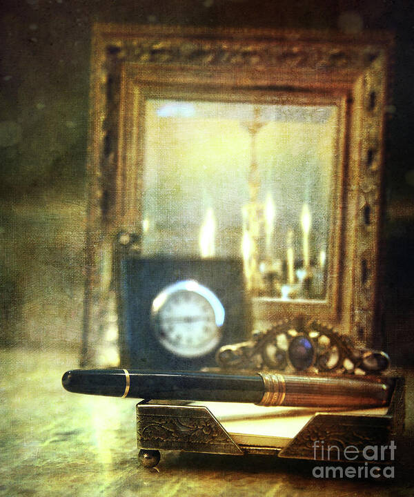 Aged Poster featuring the photograph Nostalgic still life of writing pen with clock in background by Sandra Cunningham