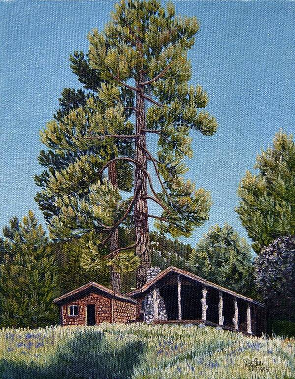Landscape Pantings Poster featuring the painting Old Cabin in the Pines by Jiji Lee
