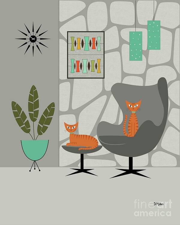 Mid Century Modern Poster featuring the digital art Orange Cat in Gray Stone Wall by Donna Mibus