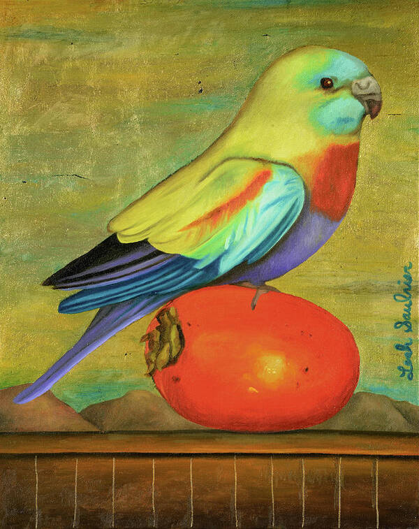 Parakeet Poster featuring the painting Parakeet On A Persimmon by Leah Saulnier The Painting Maniac