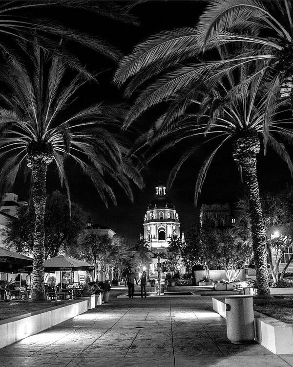 Pasadena Poster featuring the photograph Pasadena City Hall after Dark in Black and White by Randall Nyhof