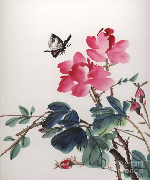 Roses Poster featuring the painting Pink Roses and Butterfly by Yolanda Koh
