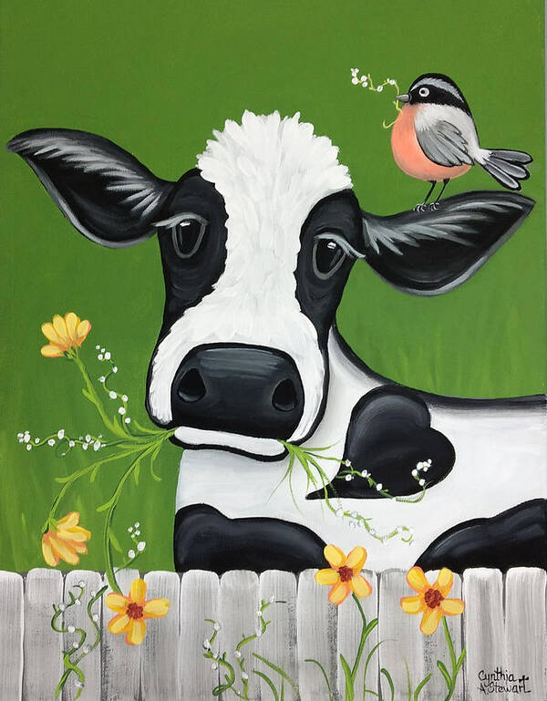 Cow Paintings Poster featuring the painting Please Don't Eat the Flowers by Cynthia Stewart