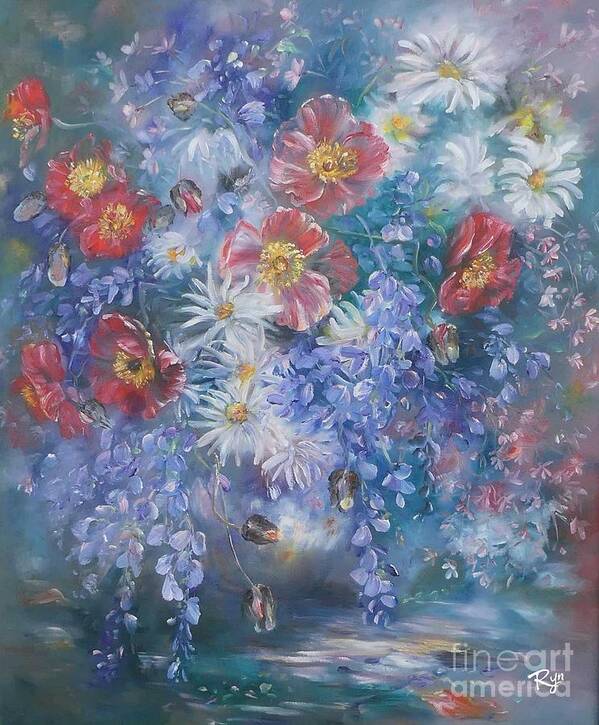 Poppies Poster featuring the painting Poppies, Wisteria and marguerites by Ryn Shell