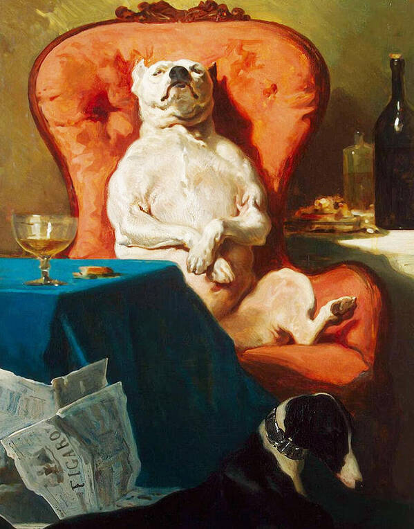Dog Poster featuring the mixed media Pug Dog in Armchair - Mans Best Friend by Alfred Dedreux 1856