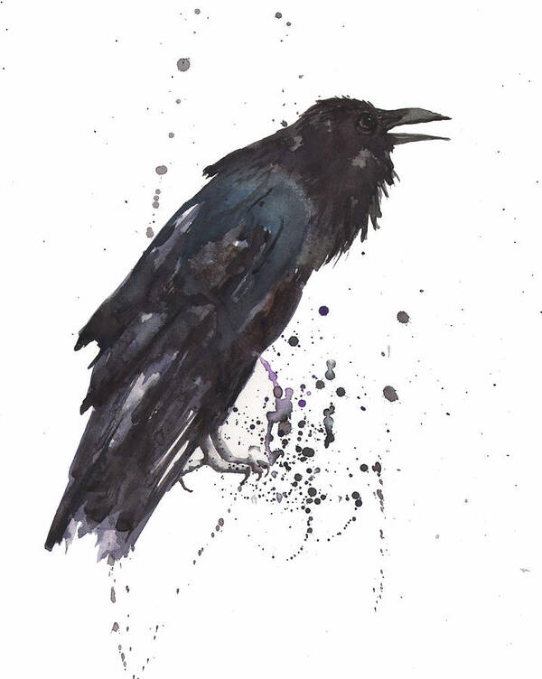 Raven Raven Art Poster featuring the painting Raven black bird gothic art by Alison Fennell