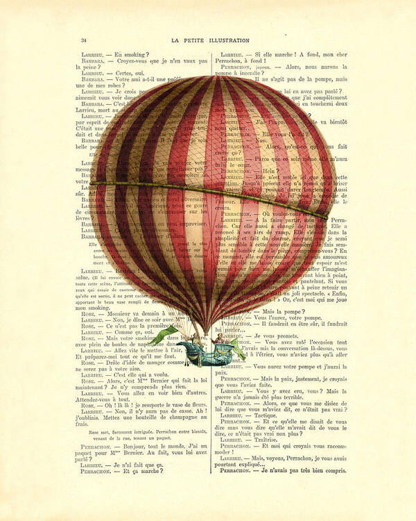 Hot Air Balloon Poster featuring the digital art Red and white striped hot air balloon antique photo by Madame Memento