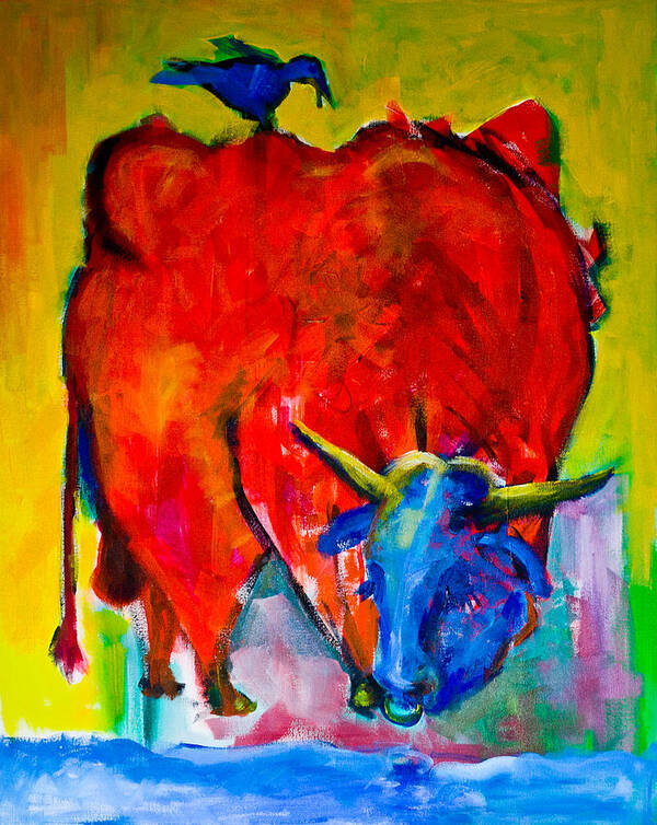 Bull Poster featuring the painting Red Bull With A Bird by Maxim Komissarchik