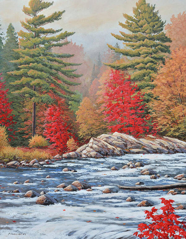 Jake Vandenbrink Poster featuring the painting Red Maples, White Water by Jake Vandenbrink