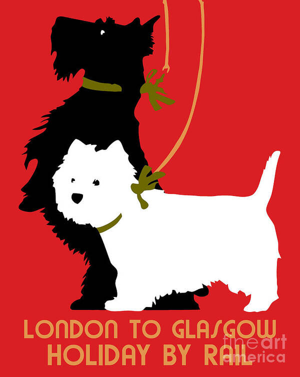 Vintage Poster featuring the digital art Retro London and Glasgow by train, dogs terriers by Heidi De Leeuw