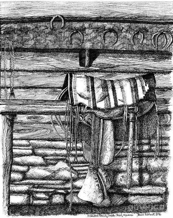 Pen And Ink Poster featuring the drawing Saddle in Old Barn, Ready to Ride by Dawn Boyer