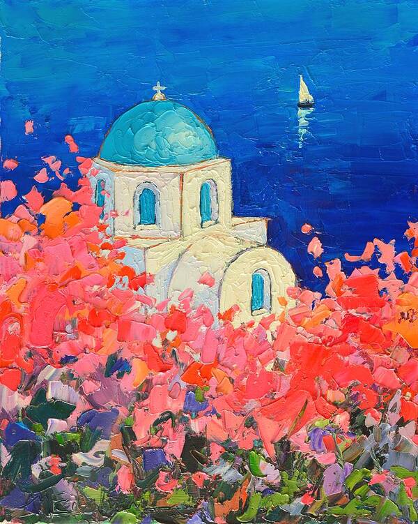 Santorini Poster featuring the painting Santorini Impression - Full Bloom In Santorini Greece by Ana Maria Edulescu