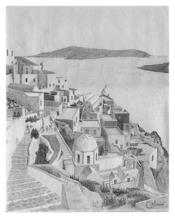 Black And White Poster featuring the drawing Santorini sketch by Rod Jones