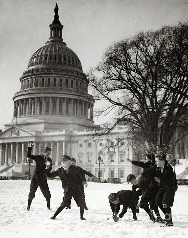 Leisure Time Poster featuring the photograph Senate Page Snowball Fight, C.1909-1932 by Science Source