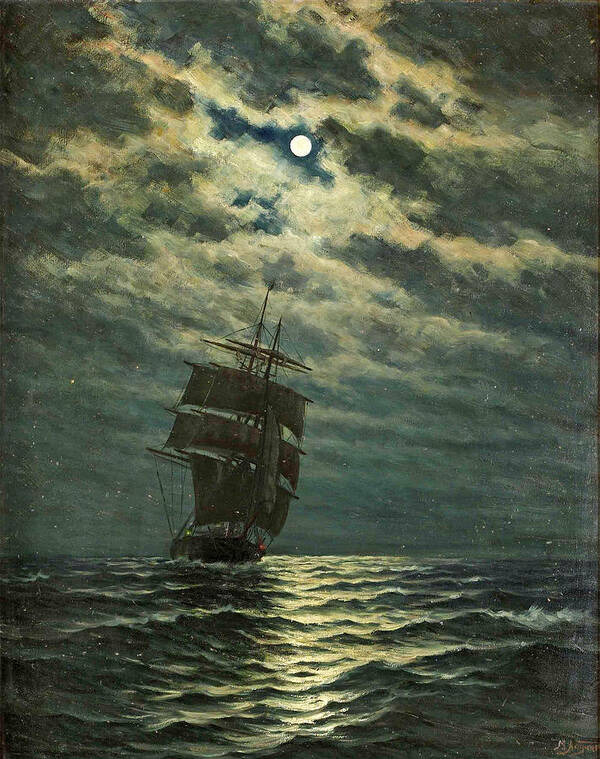 Martin Aagaard Poster featuring the painting Ship in the Moonlight by Martin Aagaard