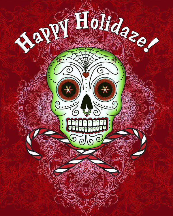 Sugar Skull Christmas Poster featuring the digital art Skull and Candy Canes by Tammy Wetzel